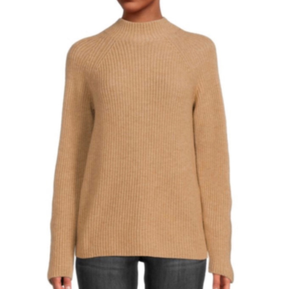 NWT Vince Shaker Rib Mockneck Wool-Cashmere Sweater Pullover in Camel
